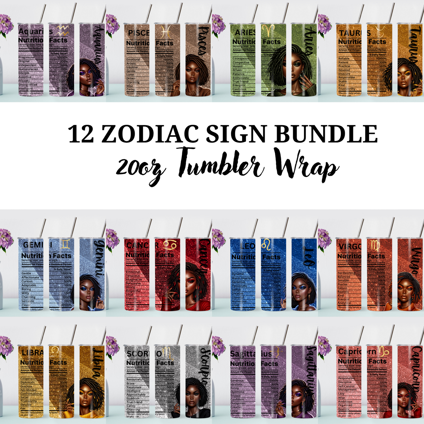 Black Women Zodiac Sign Tumbler Wrap Bundle