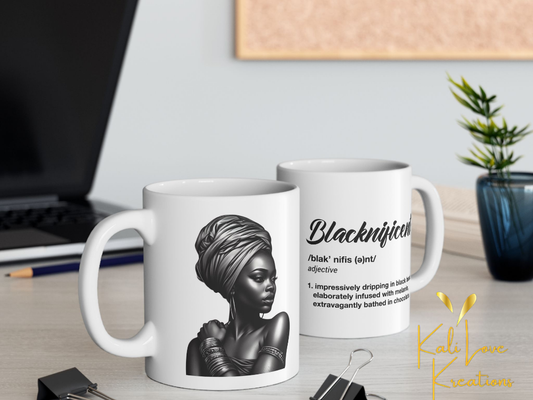Blacknificent Black Woman, Black and White Ceramic Mug 11oz and 15oz