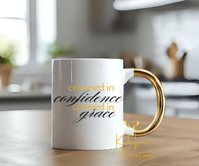Crowned in Confidence Covered in Grace Gold Handle Ceramic Mug – Empowerment Coffee Cup