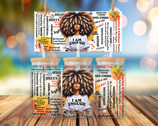 I Am Enough  16oz Glass Cup with Bamboo Lid & Straw